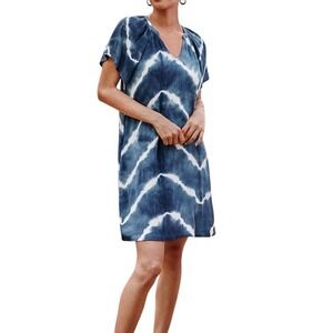 Garnet Hill Athena Crepe Dress Women's Size Small Blue White Tie Dye V-Neck